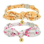 YUDOTE Soft Cotton Cat Collar with Removeable Hand-tied Bowtie,Pack of 2 Kitty Collars with Safety Quick Release Buckle and Bell,Yellow,White Floral Patterns