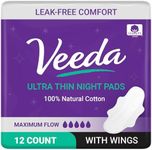 Veeda Natural Cotton Ultra Thin Night Pads with Wings, Unscented, Folded,12 Count