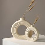 Earthly India Off White Ceramic Donut Vase for Living Room (6 & 8 Inch) Modern Unique Pampas Grass Vase for Home Decor | Stylish Round Shape Vases for Bedroom, Office | Decorative Gift-Set of 2
