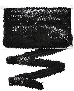 Gnognauq 10 Yards 1 inch Elastic Sequin Glitter Trim Spool String Metallic 3-Row Fabric Paillette Ribbon Trim for Wedding Dress Embellish Headband (Black)