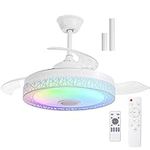 POWROL RGB Ceiling Fan with Lights and Remote Retractable Blades Fan Light 6 Speed Reversible Dimmable Ceiling Fans with Lamps Bluetooth Speaker 53CM for Living Room