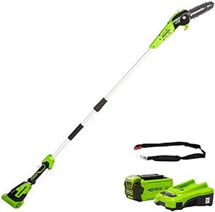 Greenworks G40PSFK2 Cordless Pole Saw, 20cm Bar Length, 8m/s Chain Speed, 3.64kg, Auto-Oiler, 80ml Oil Tank, 2.58m Pole Reach, 40V 2Ah Battery & Charger, 3 Year Guarantee