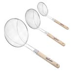 SIGNAMIO® Heavy Duty Professional Standard Stainless Steel Deep Fry Net Spoon Oil Strainer with U Shape Wooden Handle Jhara,Mesh,Ladle,Wire,Skimmer,Puri Strainer for kitchen-3pcs-(16/18/20 Inch)