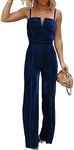 BLENCOT Velvet Jumpsuits For Women V Neck Spaghetti Straps Wide Leg Long Pants Dressy Rompers Fall Overalls With Pockets Blue Large