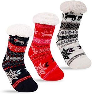 3 Pairs Fuzzy Slipper Socks for Women Men, Winter Warm Soft Fleece Lined Non Skid, Black+white+red, 9-11