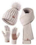FISFET Hat Scarf and Gloves Set Ladies, Winter Beanie Hat for Women with Pom Pom Fleece Lined Warm Thermal, Bobble Hat Touchscreen Gloves Women Scarf Neck Warmer 3 in 1 Cold Weather Set(Oatmeal)
