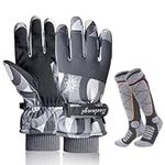 Ski Gloves for Women, Grey Ski Gloves Ski Socks Waterproof Winter Gloves Warm Ski Socks Windproof Warm Gloves Thick Thermal Winter Socks for Skiing Snowboarding Walking Hiking Cycling Winter Sports