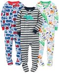 Simple Joys by Carter's Baby Boys' 3-Pack Snug Fit Footed Cotton Pajamas Set, Blue Firetruck/Grey Stripes/White Dinosaur, 12 Months (Pack of 3)