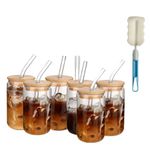 17OZ Glass Cups with Bamboo Lids and Glass Straw, Reusable Can Shaped Drinking Glasses with Lids and Straws & Brush,Wide Mouth Mason Jar Glass Cups for Smoothies, Tea, Cola, Juice, Soda (6 Pack)