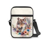 KUIFORTI Flower Wolf Mini Messenger Bags for Men Women Animal Print Crossbody Purse Travel Shoulder Handbag with Front Zipper Pocket Phone Pouch Kids Adult Crossbody Tote Bags