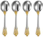 KEAWELL Gorgeous Round Soup Spoon, Set of 4, 18/10 Stainless Steel, Luxury Bouillon Spoon, Dishwasher Safe, Fine Mirror Polished (Gold Accent)