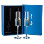 NUPTIO Personalised Crystal Champagne Flutes: Wedding Drinking Glasses with Silver Rim for Groom Bride Prosecco Flute Set of 2 with Gift Box for Outdoor Valentines Christmas Anniversary Engagement