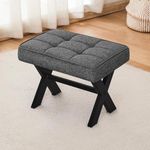 Md Decor Solid Sheesham Foot Stool, 12" H Small Foot Stools Ottoman, Durable Linen Footstool X-Leg, Padded Foot Rest Step Stool Extra Seating for Living Room, Bedroom, Entryway, Office (Carbon Gray)