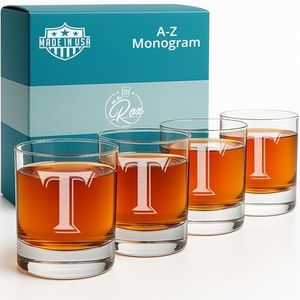 Monogrammed Gifts for Men - 4PC 11 Oz Custom Whiskey Glasses (T-Monogram) - Engraved Whiskey Glasses - Personalized Whiskey Glasses - Unique Bourbon Glasses - Personalized Glass Gifts for Dad