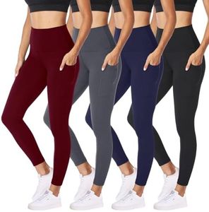 NexiEpoch 4 Pack Leggings with Pockets for Women - High Waisted Tummy Control Soft Black Yoga Pants for Athletic Workout