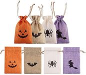 DECORA Halloween Burlap Gift Bags with Double Jute Drawstrings Candy Pouch Halloween Treat Bags with Different Designs Pack of 50