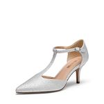 DREAM PAIRS Heels for Women Pointed Toe Kitten Heels Pump T- Strap Dress Shoes, Silver-glitter, 8.5