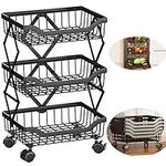 3-Tier Foldable Metal Wire Baskets, Fruit Vegetable Baskets Rack Storage Organizer Shelf with Wheel for Kitchen, Pantry, Cabinet, Bathroom, Laundry, Office, Garage Storage(Black)