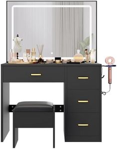 YITAHOME Coiffeuse avec Miroir, 4 tiroirs, éclairage, Prise de Courant, Noire (Table de Maquillage, Coiffeuse, Table de vanité)