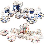 Geiserailie 2 Set 1:12 Dollhouse Miniature Porcelain Tea Cup 30 Pieces Mini Flowers Pattern with Golden Trim Teapot Cup Plate Dollhouse Kitchen Accessories (Charming Style)