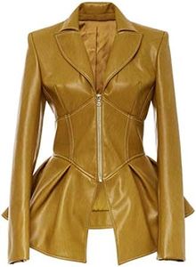 Women's Fashion Perfectly Shaping Zip Up Long Sleeves Faux Leather Biker Jacket Yellow 3XL 885