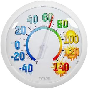Taylor Colorful Icons Big and Bold Wall High Temperature Thermometer Indoor Outdoor Wireless Easy Read Large Numbers for Patio Pool Indoor Use, Weather Resistant 13.25 Inch Modern Home Decor, White