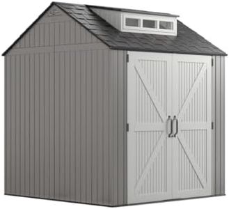 Rubbermaid Resin Outdoor Storage Shed With Floor (7 x 7 Ft), Weather Resistant, Gray, Organization for Home/Backyard/Garden Tools/Lawn Mower/Bike Storage/Pool Supplies