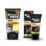 Garnier Men John's Skincare Essentials, Turbo Bright Double Action Facewash - 150g + Turbo Bright Brightening and Anti-Pollution Moisturiser - 40g