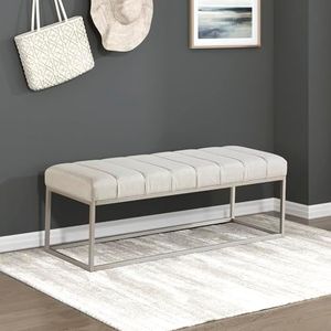 Lexicon Modern Upholstered Entryway Bench, Channel Tufting, Textured Fabric Cushion Seat with Foam Padding and Champagne Iron Frame, Accent Bench for Bedroom/Hallway/Living Room, Beige