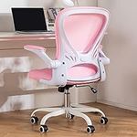 Hramk Ergonomic Office Chair, Mid Back Swivel Desk Chair with Flip-up Arms, Small Mesh Computer Chair for Slim Adults, Kids, Women (Pink)