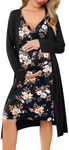 Ekouaer Maternity Nursing Gown and Robe Set Labor Delivery Nursing Nightgowns for Breastfeeding Pregnancy Clothes Black Flower S