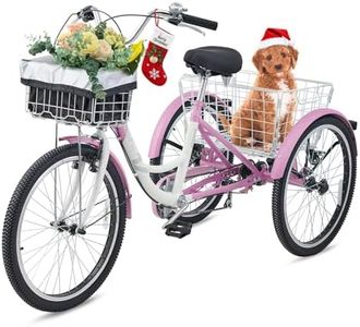 VIRIBUS Tricycle for Adults, 7 Speed 26 inch Adult Tricycles for Women Seniors with Front and Rear Removable Wheeled Baskets, 3 Wheel Bikes 400 lb. Capacity, Three Wheel Trike Lilac White