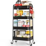 TOOLF Rolling Storage Cart, 4 Tier Metal Utility Cart with Wheels & Hooks, Craft Art Esthetician Organizer, Easy Assembly Cart for Office Bathroom Kitchen Kids' Room Classroom Black