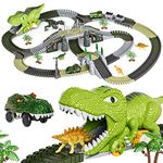 TUMAMA Dinosaur Toys Race Track, 281 Pcs Dinosaur Train Toys for Kids 3-5 5-7, Flexible Train Tracks with 4 Dinosaurs Figures, 2 Electric Race Cars with Light, Create A Dinosaur Road Race for Toddlers