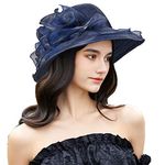 Organza Kentucky Fascinator Hat for Women - Derby Cocktail Tea Party Sun Hat Wedding Bridal Flower Church Hat Packable, Dark Navy, Medium