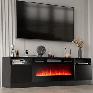 Breezestival Fireplace TV Stand with Two Hinged Doors for TVs UP to 80", Modern Electric Fireplace Entertainment Center with LED Lights & Storage Cabinets, TV Stand for Living Room 70" Black 21007BK