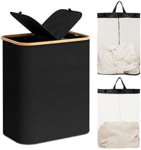 Famyards Double Laundry Hamper with Lid,145L Large Laundry Basket with Bamboo Handles and Removable Inner Bag, 2 Section Dirty Clothes Hamper Laundry Bin for Bathroom, Bedroom,Dorm Laundry Room(Black)