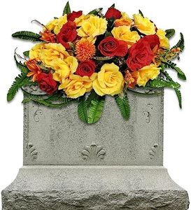 GRPFS Headstone Flower Saddle, Artificial Cemetery Flowers for Grave-Realistic Red & Yellow Rose Mix Arrangement for Outdoor Memorial Decorations, Durable & Easy Fit