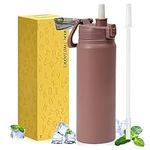 SEASEVEN 900ml Insulated Water Bottle with Straw,Metal Water Bottles with Straw,Stainless Steel Water Bottle,Drinks Bottle Keep Hot Cold Leakproof Women Men(Brown)