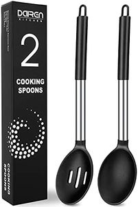 Pack of 2 Large Silicone Cooking Spoons, Non-Stick Stainless Steel Slotted and Solid Spoon Set for Serving, Mixing, Draining, Heat Resistant, Scratch Resistant and BPA Free Kitchen Scoops (Black)