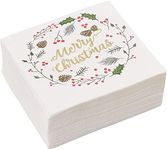 Juvale 50 Pack Christmas Cocktail Napkins, Merry Christmas Design Holiday Party Supplies, 5 x 5 Inches, White Napkins for Christmas Party