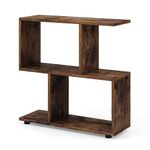 COSTWAY Wooden Bookshelf, 2-Tier Freestanding Storage Bookcase with 4 Compartments, S-Shaped Display Shelf Open Rack Shelving Unit for Living Room, Bedroom and Office (Rustic Brown)