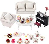 61 Pieces 1:12 Scale Dollhouse Accessories Set Dollhouse Food Miniature Dollhouse Living Room Furniture Include Porcelain Tea Kits Mini Kitchen Food Tiny Instrument Piano for Doll Toy House Decor