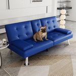 LINSY HOME Futon Couch, Futon Sofa Bed, Modern Faux Leather Black Futon Bed, Futon Convertible Recliner Folding Sleeper Sofa, Adjustable Backrest, Small Futon for Small Rooms, RV, Guest Room, Blue