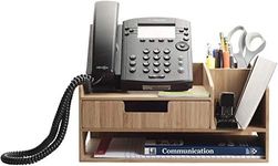 MobileVision Bamboo Telephone Stand w/Drawer Paper Tray & Pencil Holder Storage Solution for office products pens scissors staplers notepads business cards & more