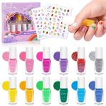 wakaniya Kids Nail Polish - 12 Colors Girls Nail Polish Set with Unicorn Stickers, Natural Safe NonToxic Peel Off Quick Dry Nail Polish Christmas Party Birthday Nail Art Gift for Girls 4+