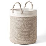 La Jolíe Muse Large Storage Basket - Cotton Rope Laundry Basket with Handle for Diaper Blanket Toy Towel Woven Laundry Basket Home Decor, White & Desert