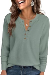 ANRABESS Women's Long Sleeve Waffle Knit Shirts Dressy Casual Loose Button Up V Neck Henley Tops 2026 Fall Basic Tee Blouse Light Green Small