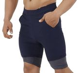 NEVER LOSE 2-in-1 Sports Shorts with Phone Pocket, Light Weight & Quick Dry for Gym, Running & Athletic wear Men & Women (S, Blue)