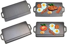 X-Large Non-Stick Cast Iron Reversible Griddle Plate Pan Double Sided for BBQ & Hob Cooking with Non-Stick Ridged and Flat Surfaces and Drip Tray, 50 x 23cm